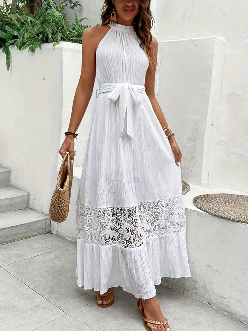 Lace Detail Belted Sleeveless Maxi Dress