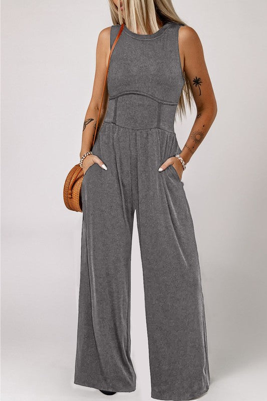 Cinched Waist Sleeveless Wide-Leg Jumpsuit