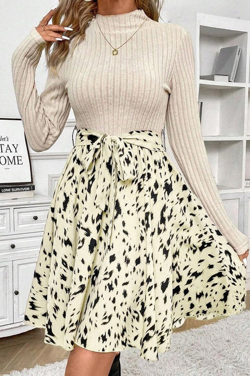 Knit Patchwork Printed Belted A-Line Dress