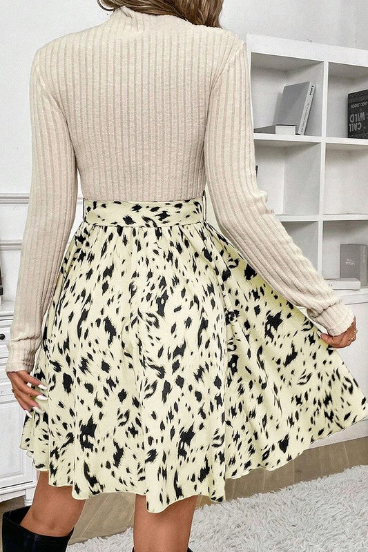 Knit Patchwork Printed Belted A-Line Dress