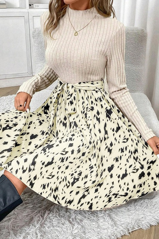 Knit Patchwork Printed Belted A-Line Dress