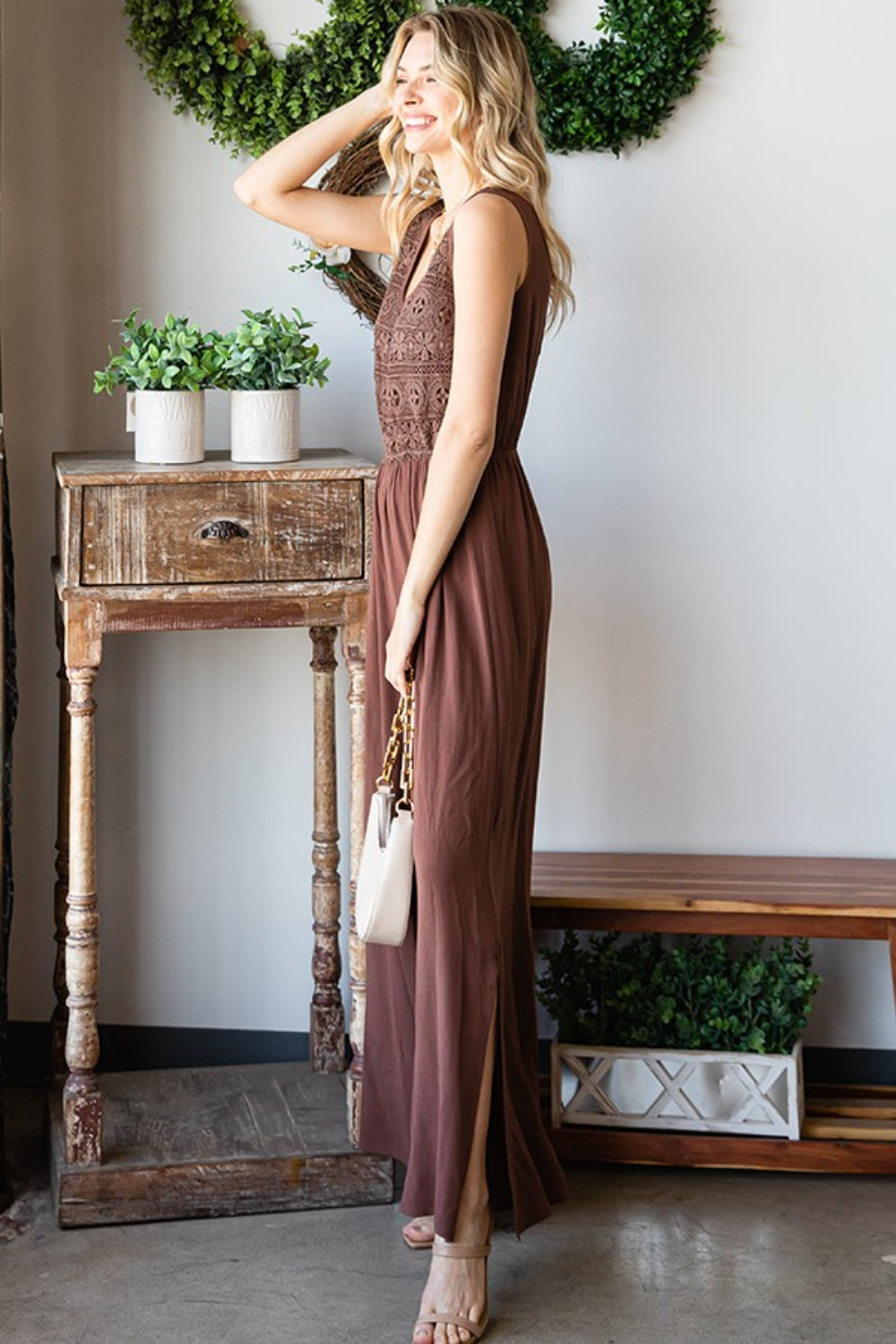 Tie-Back Sleeveless Slit Wide-Leg Jumpsuit