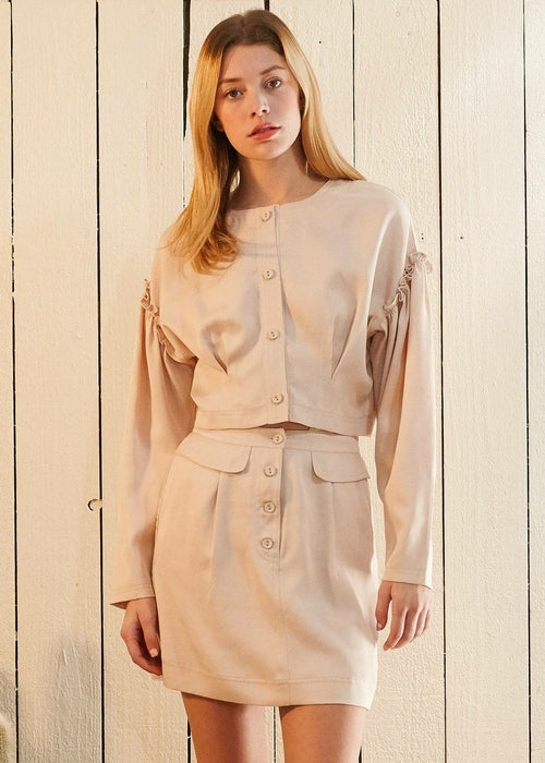 Button Front Ruffle Crop Top — Sand