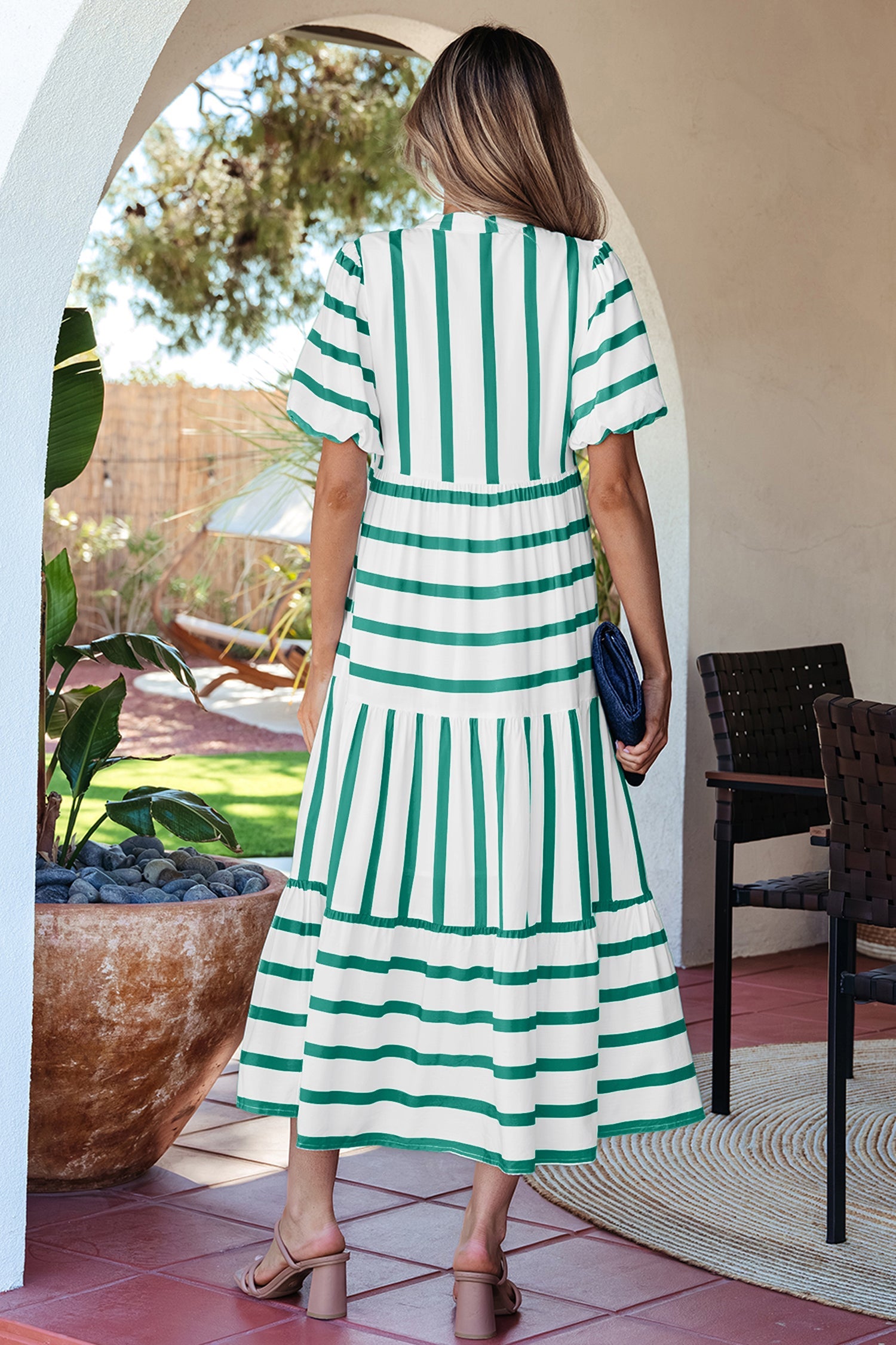 Stripe Ricrac Trim Notched Neck Midi Dress