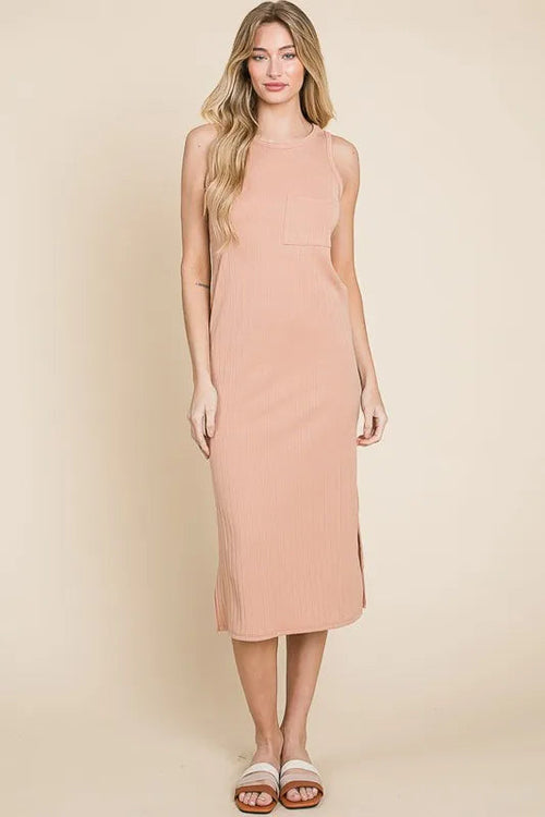 Ribbed Knit Sleeveless Midi Dress — Apricot