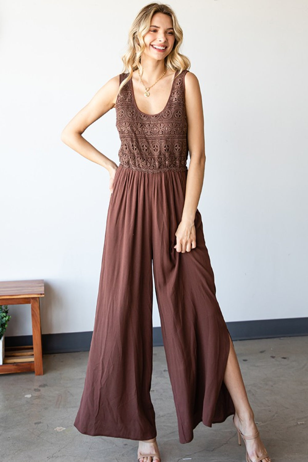 Tie-Back Sleeveless Slit Wide-Leg Jumpsuit