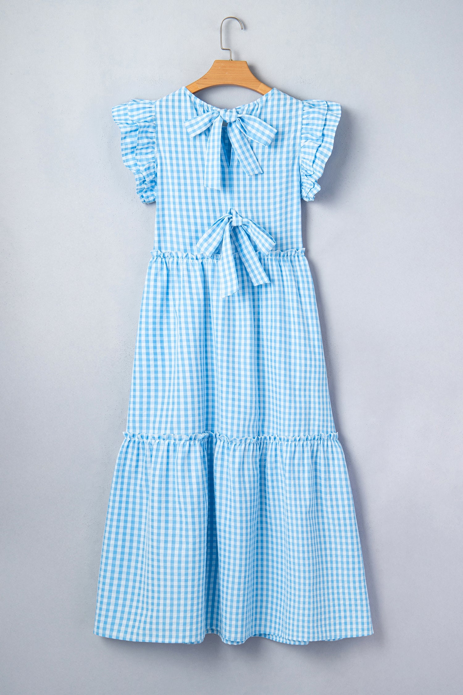 Gingham Knot-Back Ruffle Sleeve Maxi Dress