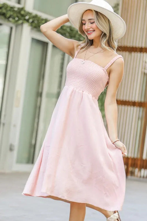 Smocked Open-Back Sleeveless Midi Dress