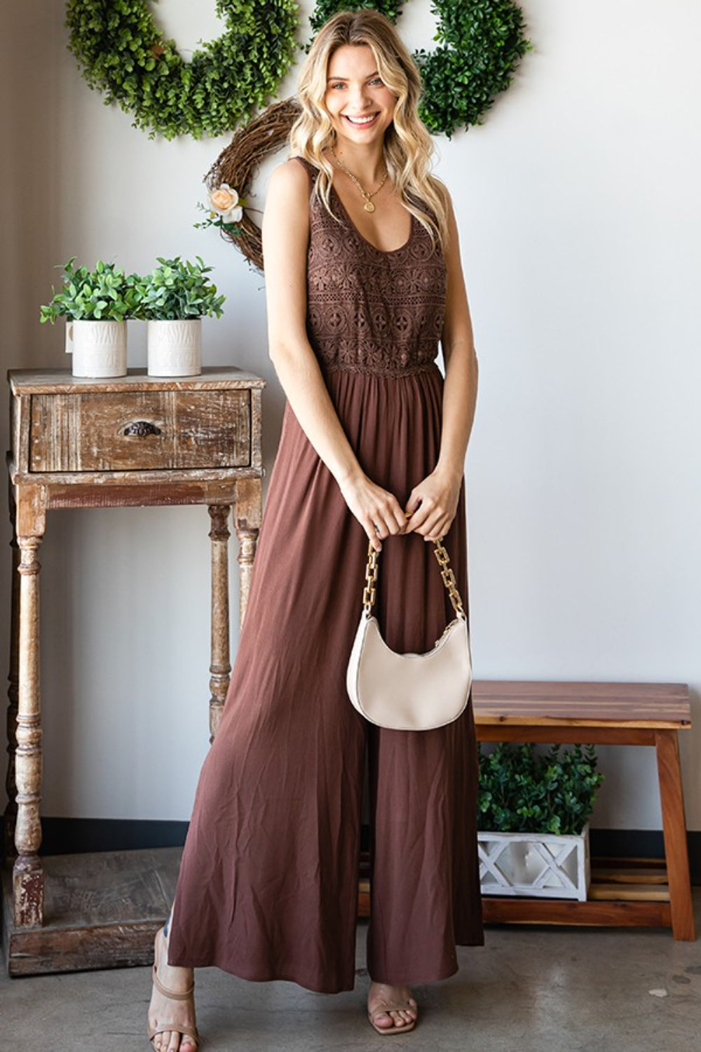 Tie-Back Sleeveless Slit Wide-Leg Jumpsuit