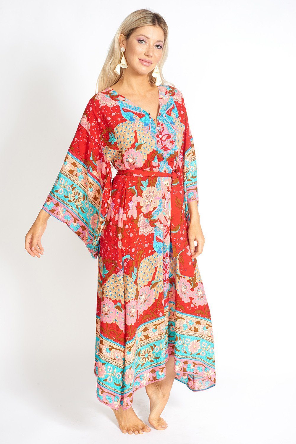 Peacock Floral Maxi Kimono Dress