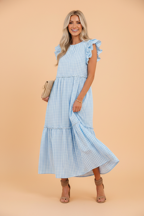 Gingham Knot-Back Ruffle Sleeve Maxi Dress