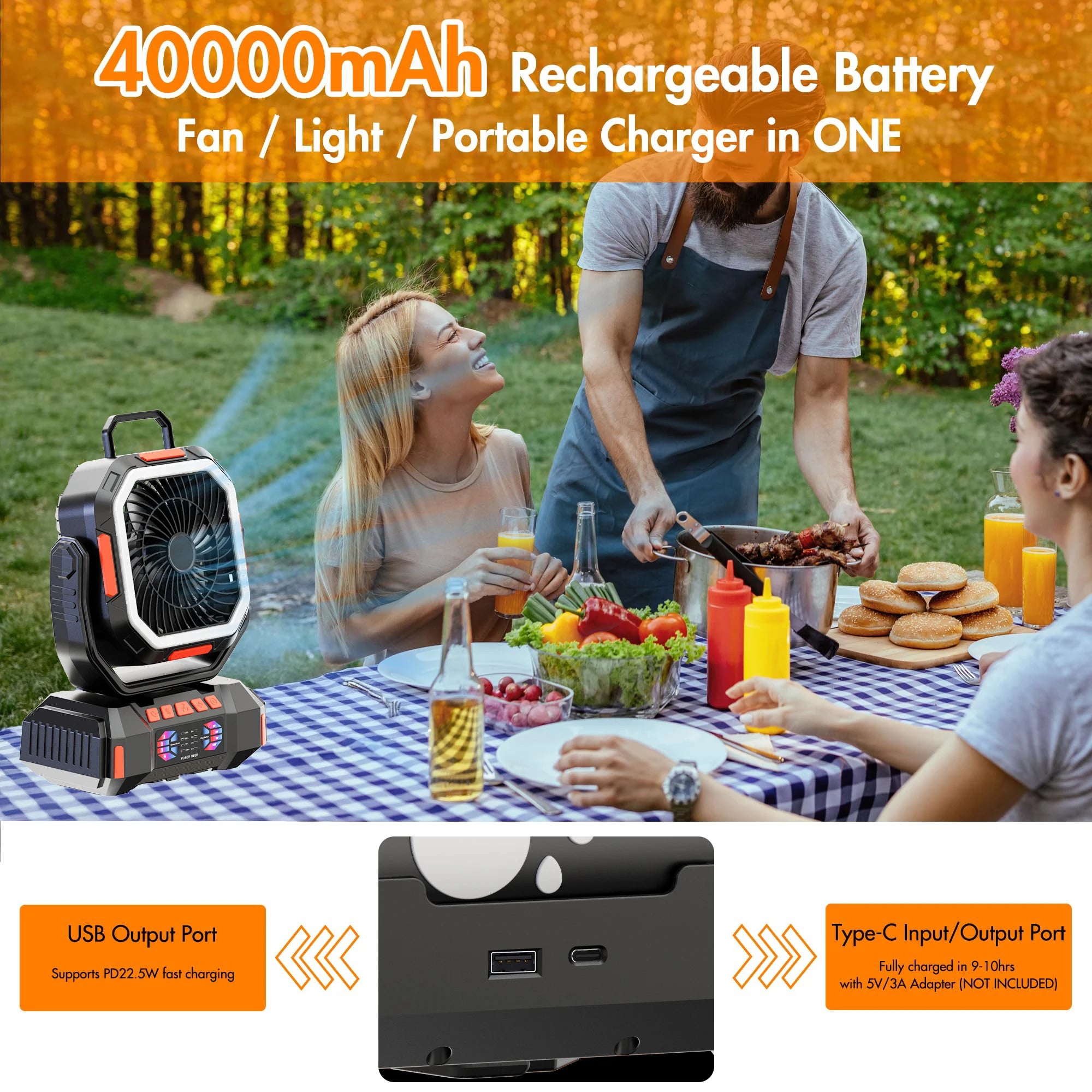 40,000mAh Rechargeable 4-Speed Camping Fan
