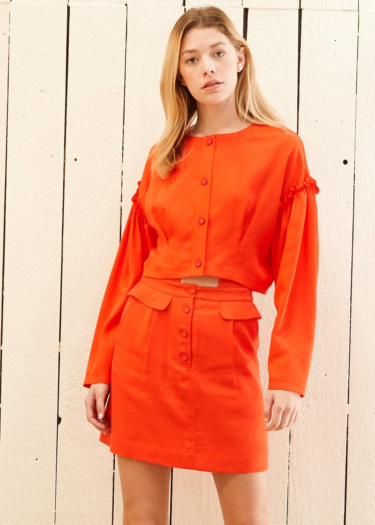 Button Front Ruffle Crop Top — Poppy