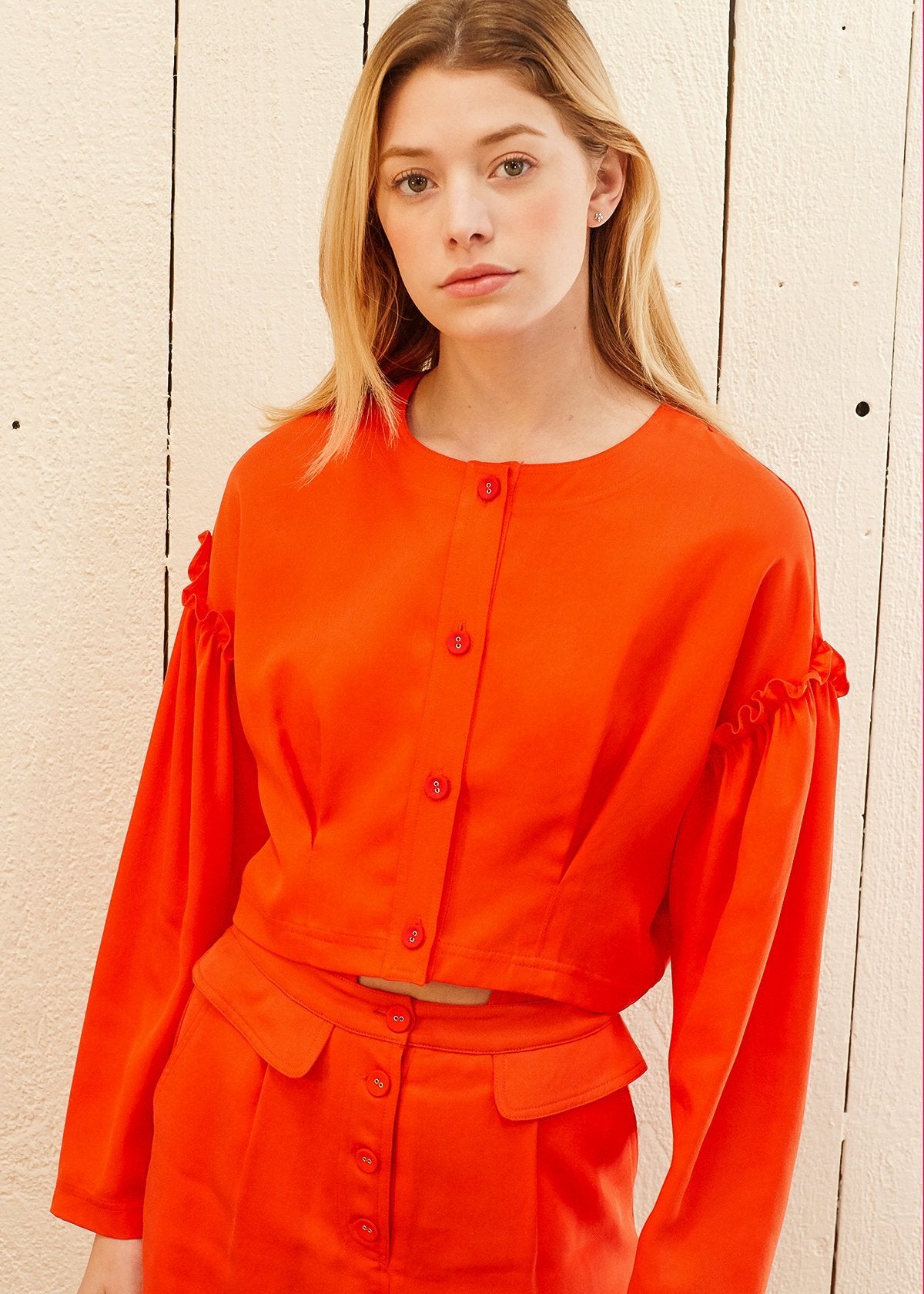 Button Front Ruffle Crop Top — Poppy
