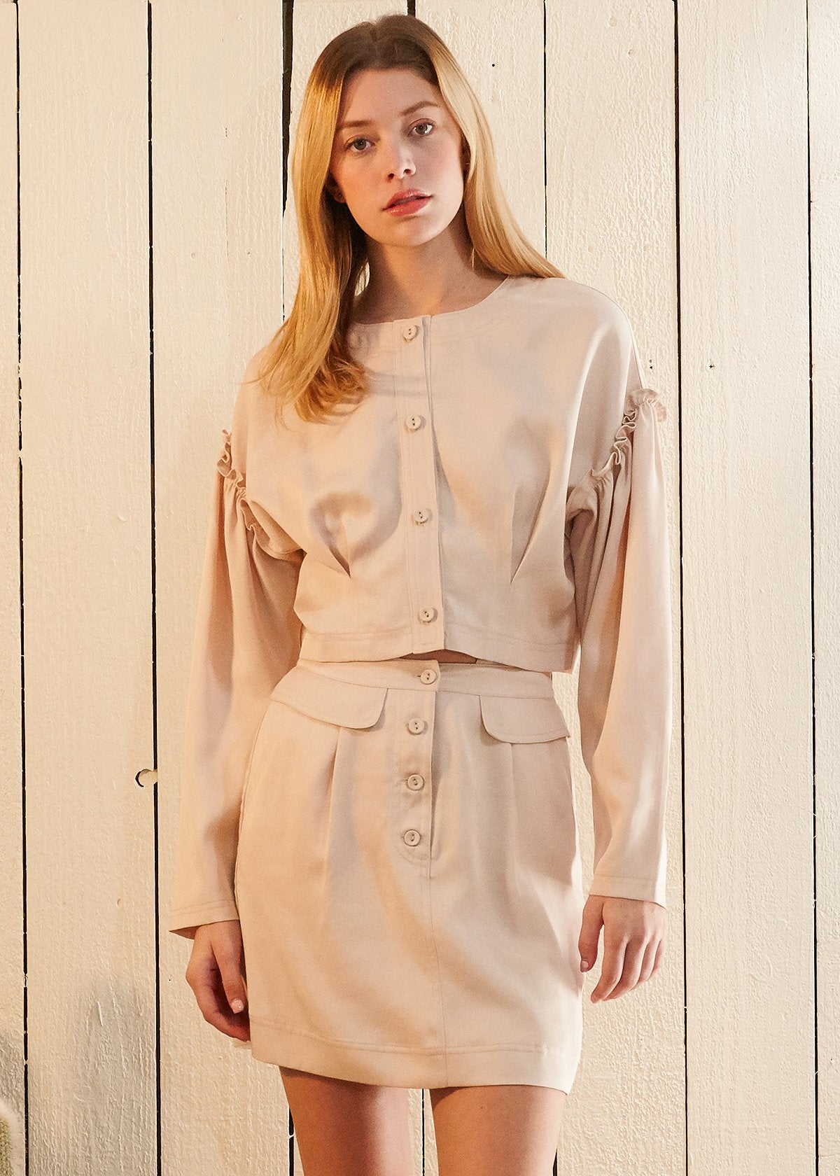 Button Front Ruffle Crop Top — Sand