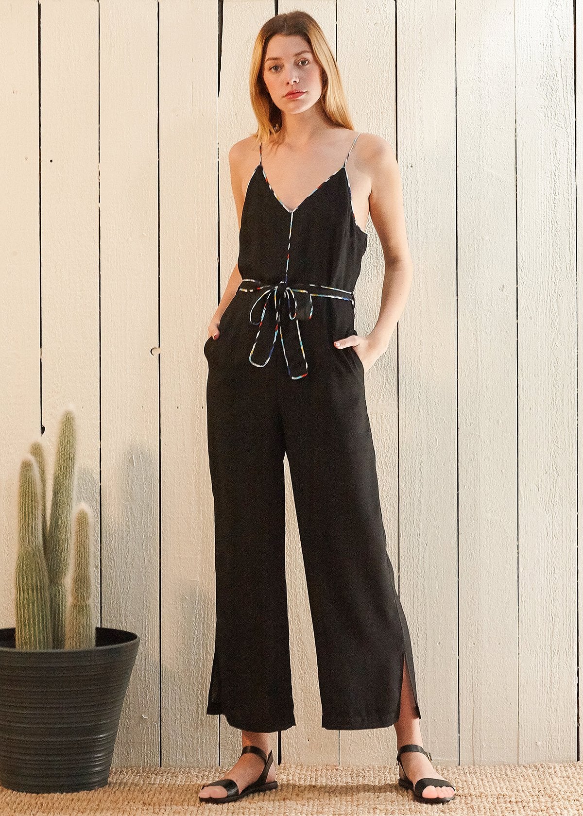 Multi-Colour Binding Sleeveless Jumpsuit — Black