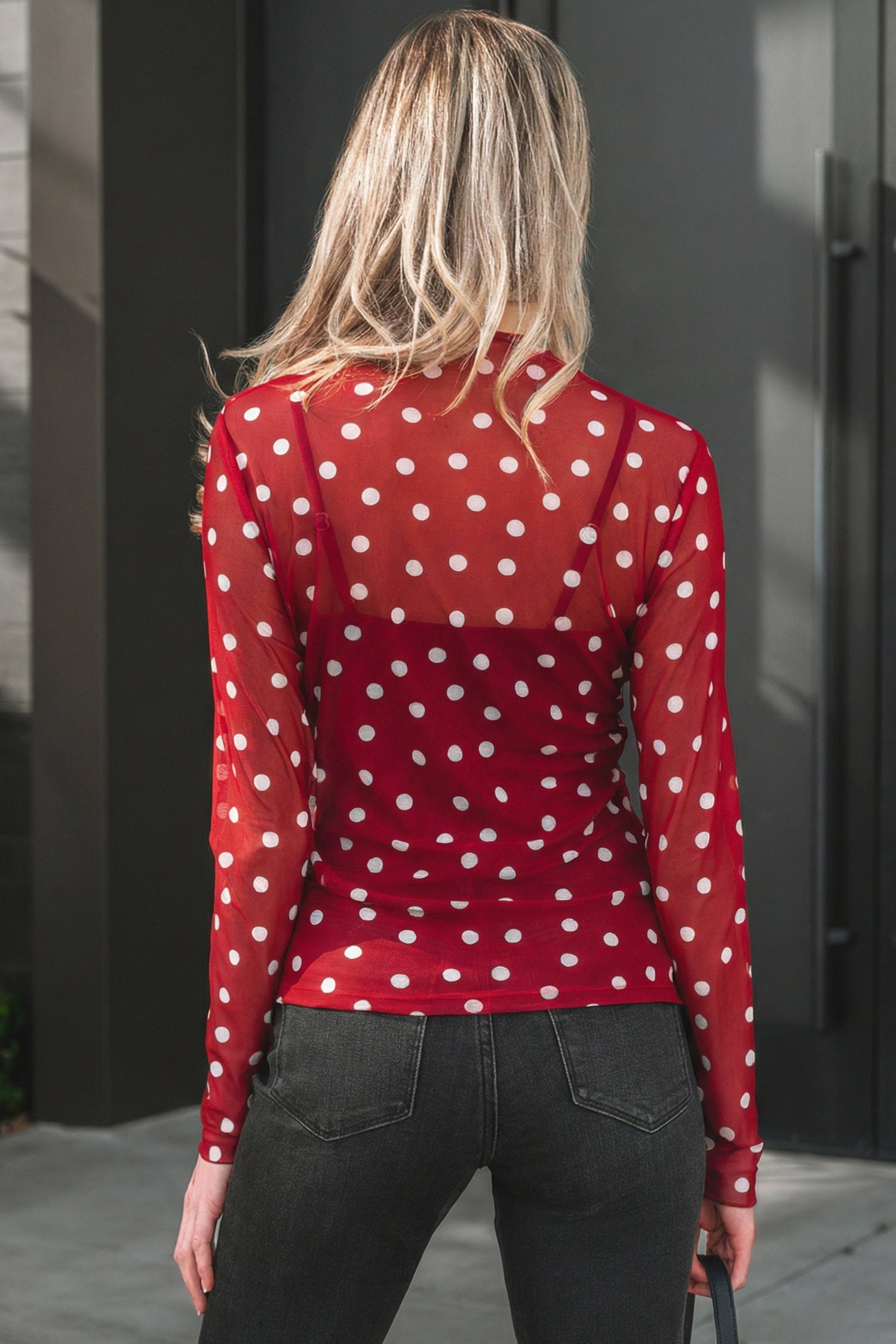 Polka Dot Mesh Bodycon Mock Neck Top