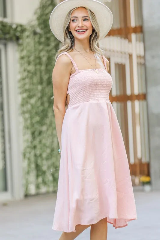 Smocked Open-Back Sleeveless Midi Dress