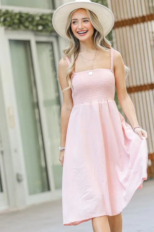 Smocked Open-Back Sleeveless Midi Dress