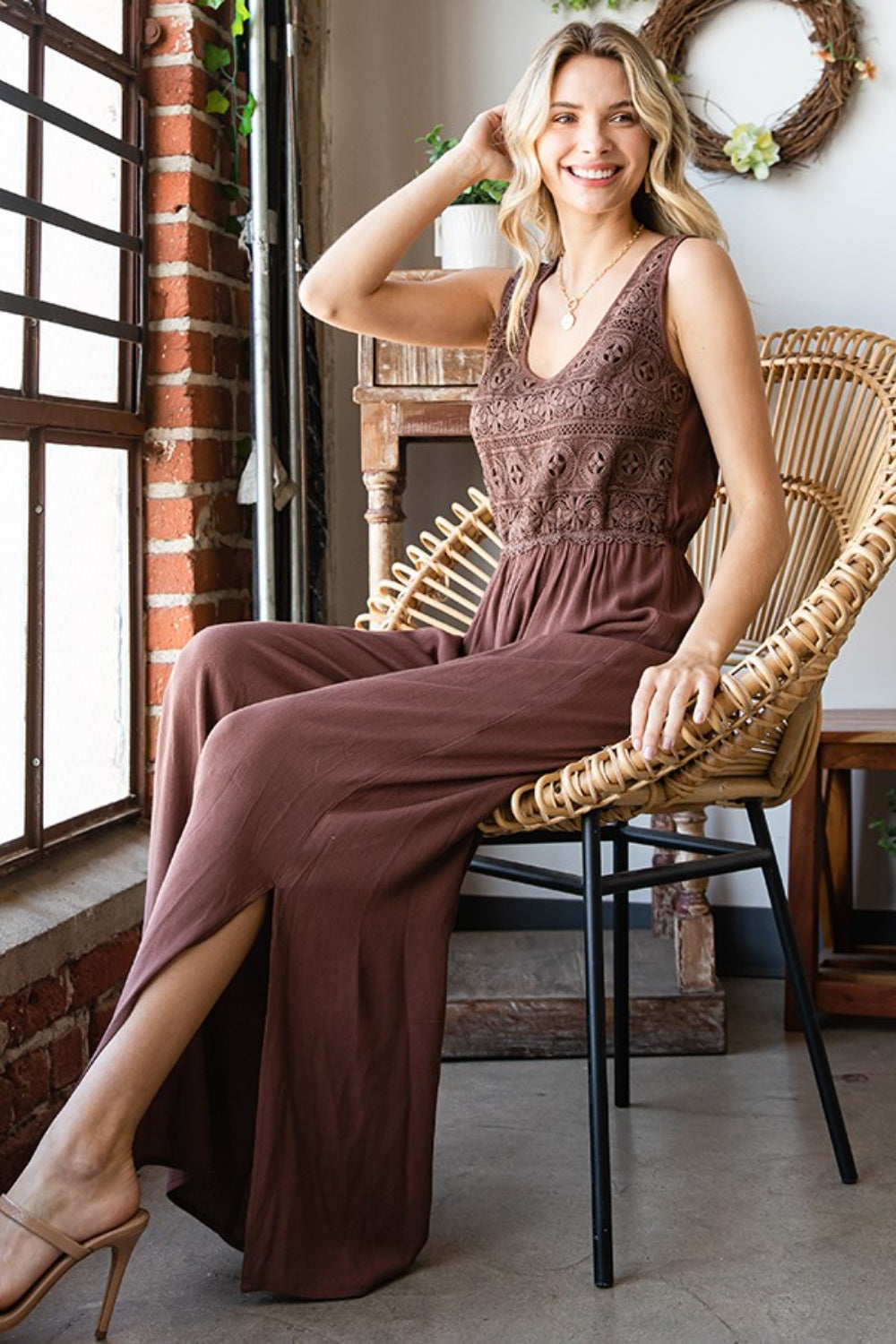Tie-Back Sleeveless Slit Wide-Leg Jumpsuit