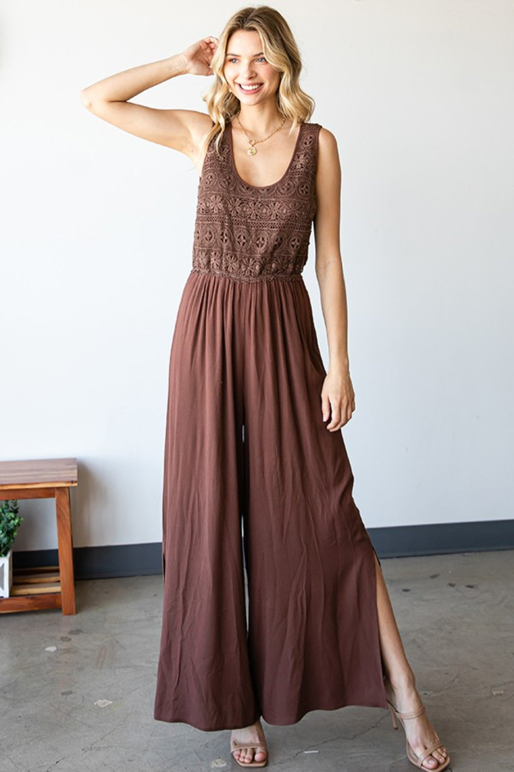 Tie-Back Sleeveless Slit Wide-Leg Jumpsuit