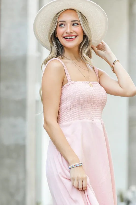 Smocked Open-Back Sleeveless Midi Dress