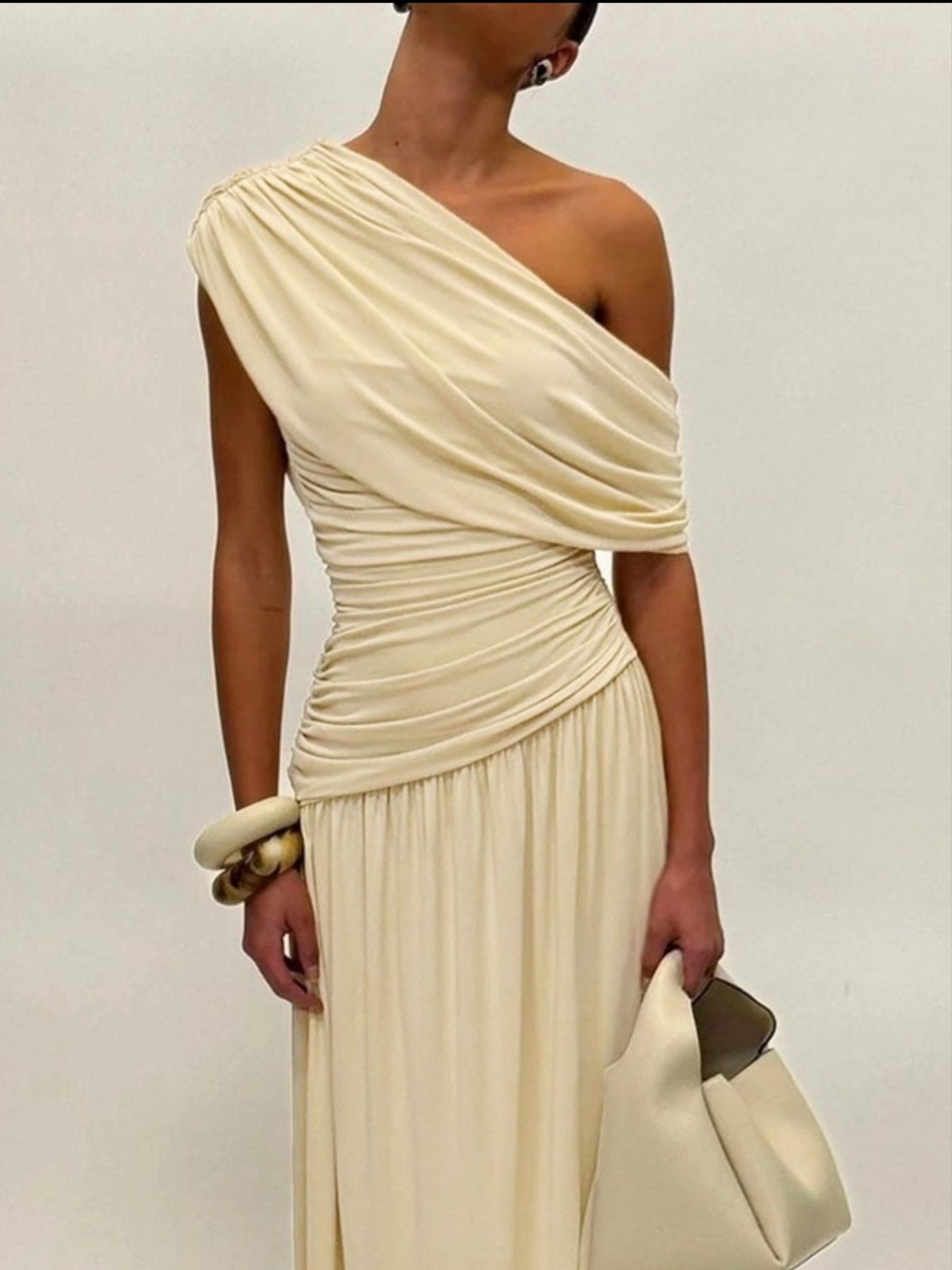 Ruched One-Shoulder Maxi Dress — Beige