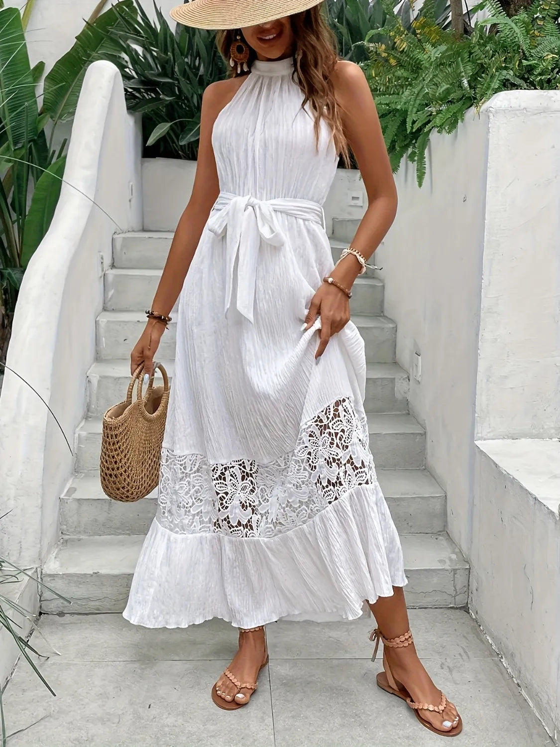 Lace Detail Belted Sleeveless Maxi Dress