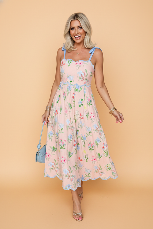 Floral Contrast Trim Tie-Strap Midi Dress