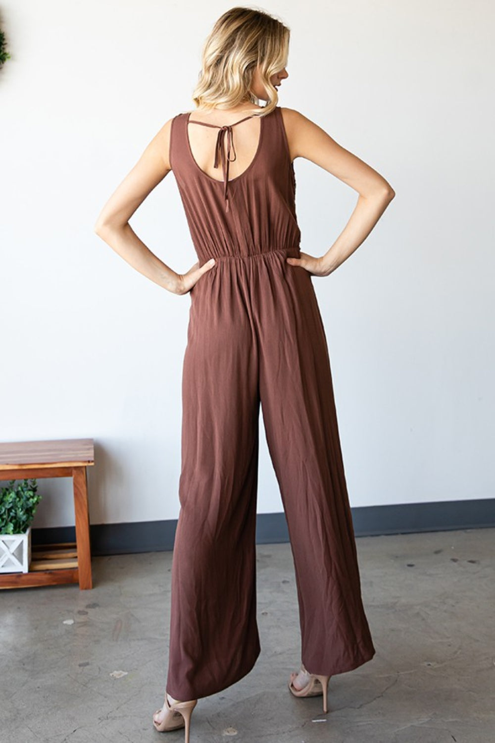 Tie-Back Sleeveless Slit Wide-Leg Jumpsuit