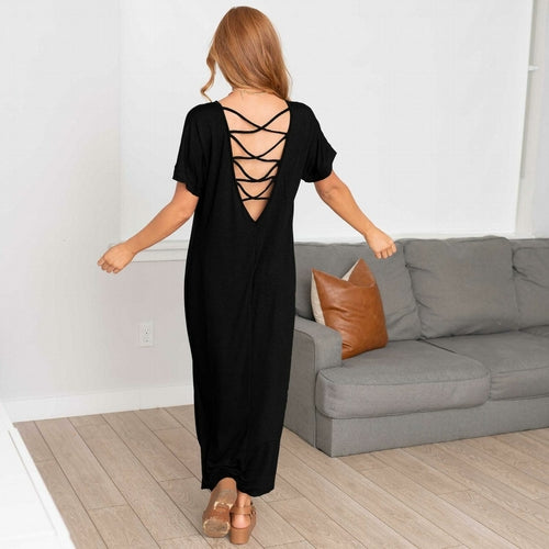 Cross-String Open Back Maxi T-Shirt Dress