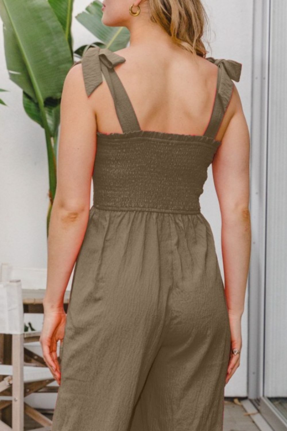 Smocked Bodice Sleeveless Jumpsuit — Olive
