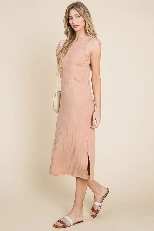 Ribbed Knit Sleeveless Midi Dress — Apricot