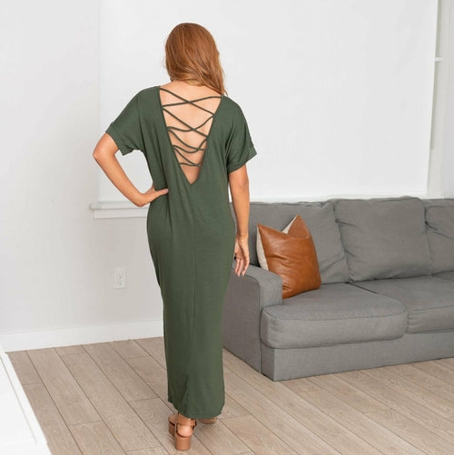 Cross-String Open Back Maxi T-Shirt Dress
