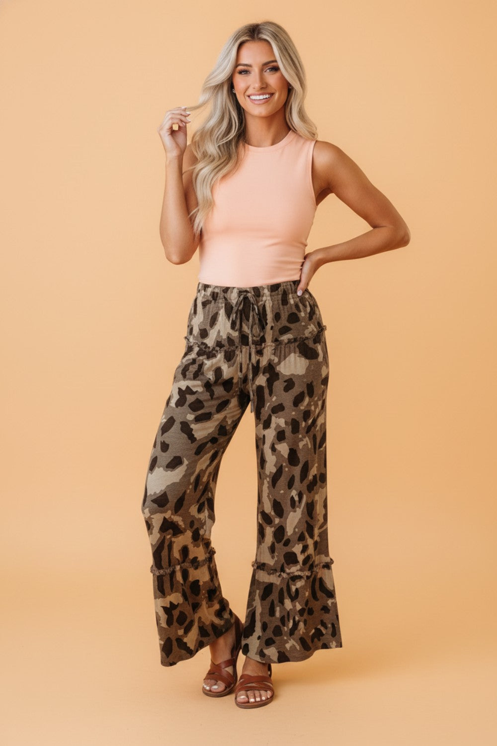 Abstract Leopard Ruffle Tiered Wide-Leg Pants