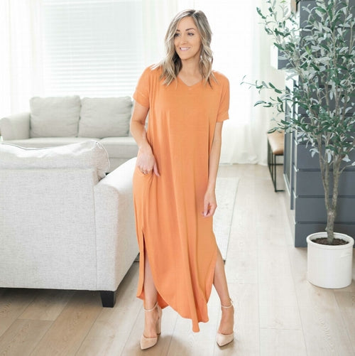 Viscose V-Neck Side Slit Maxi Dress