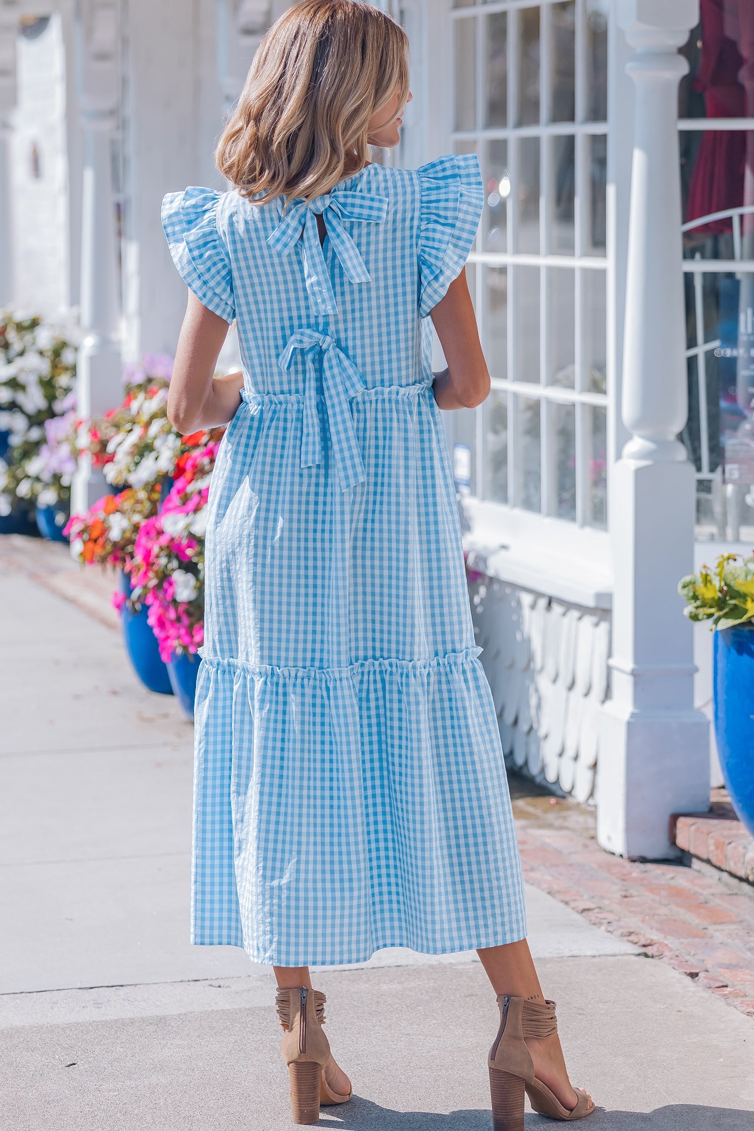 Gingham Knot-Back Ruffle Sleeve Maxi Dress