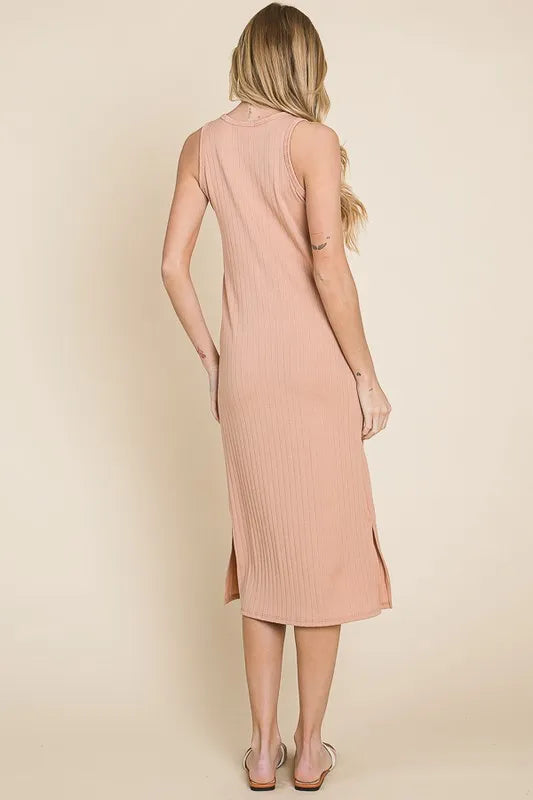 Ribbed Knit Sleeveless Midi Dress — Apricot