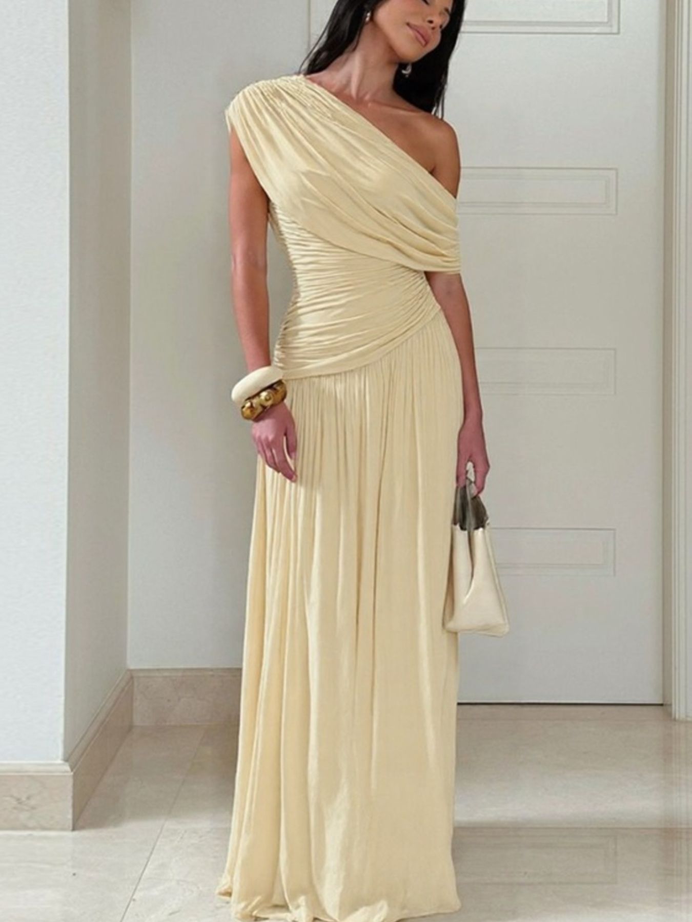 Ruched One-Shoulder Maxi Dress — Beige