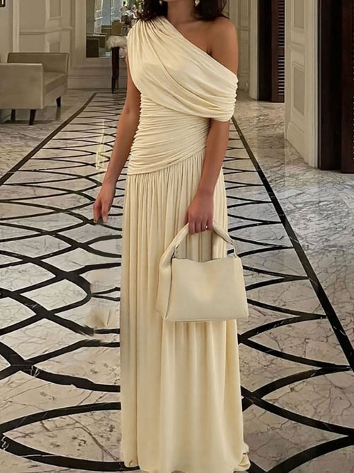 Ruched One-Shoulder Maxi Dress — Beige